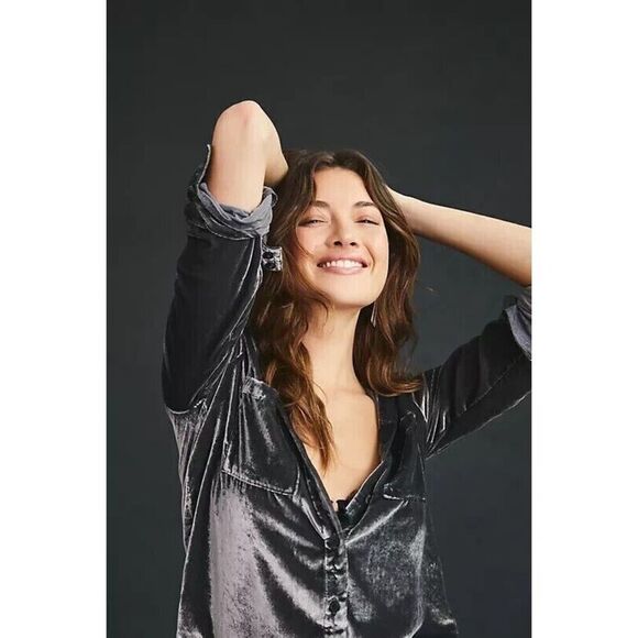 Anthropologie Pilcro Relaxed Velvet Buttondown Shirt Grey XS NEW - Picture 5 of 8